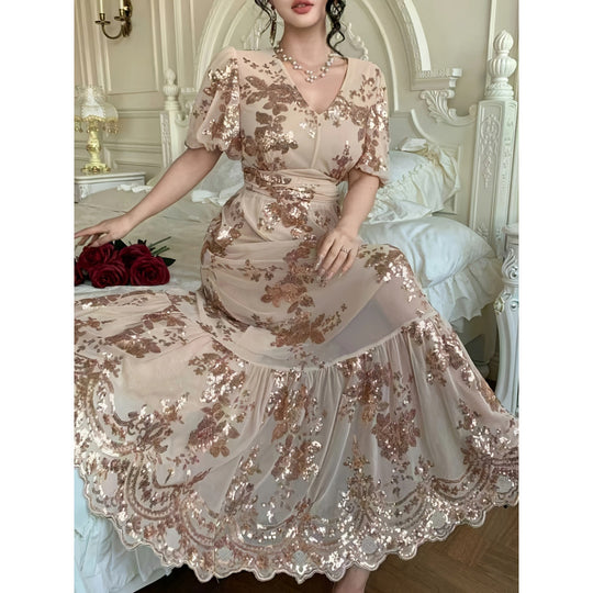Damen Festliches Maxikleid mit funkelnden Pailletten und exquisiten Blumendetails EB