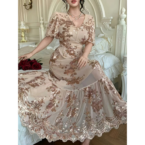 Damen Festliches Maxikleid mit funkelnden Pailletten und exquisiten Blumendetails EB