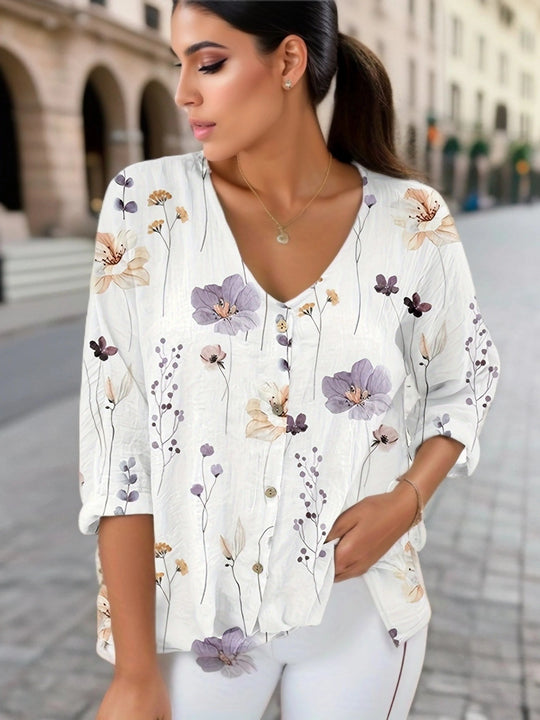 Damen Lässiges Blusenshirt mit floralem Druck und Knopfverschluss EB