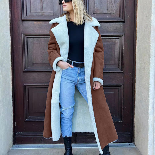Damen Lange Kunstfelljacke mit modernem Design und elegantem Kragen EB