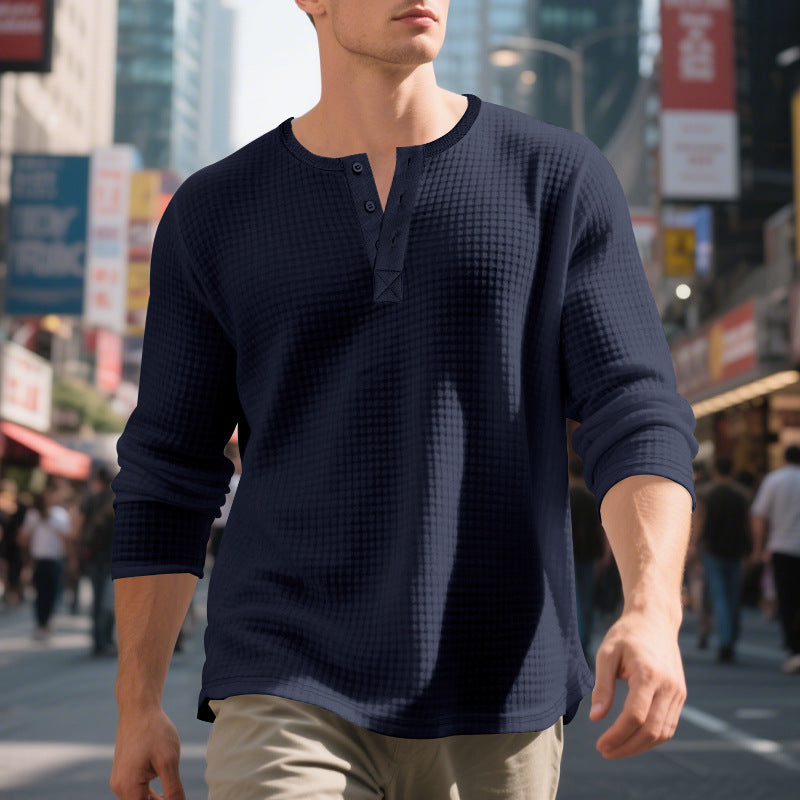 Herren nan Waffelstruktur-Henley-Langarmshirt mit Rundhalsausschnitt, mehrfacher Knopfleiste und entspannter Passform EB