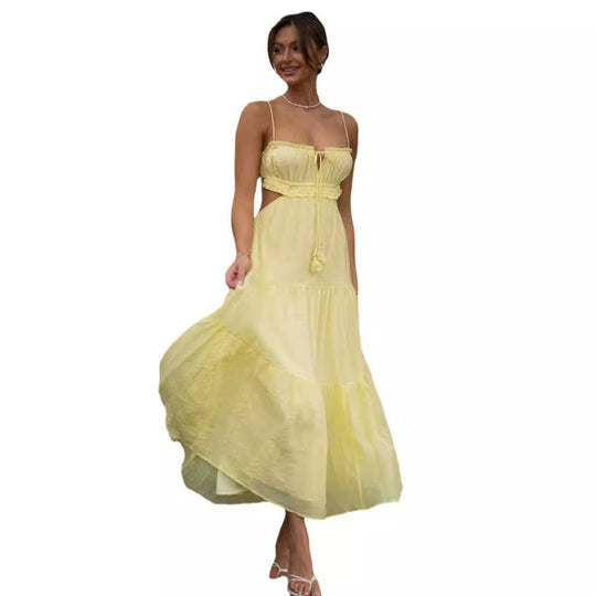 Damen luftiges Maxikleid mit Rüschendetails und verstellbarem Taillenband EB