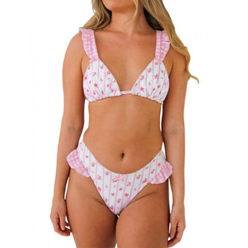 Damen Triangel-Bikini mit floralem Design und Rüschendetails EB