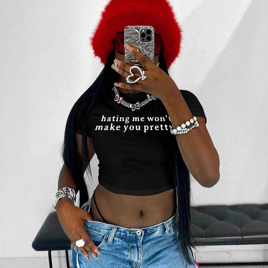 Damen Kurzarm Crop-T-Shirt mit witzigem Schriftzug EB