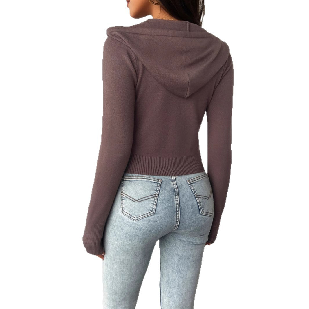 Damen nan taillierte Kapuzen-Strickjacke mit durchgehendem Reißverschluss, Cropschnitt und geripptem Bund EB