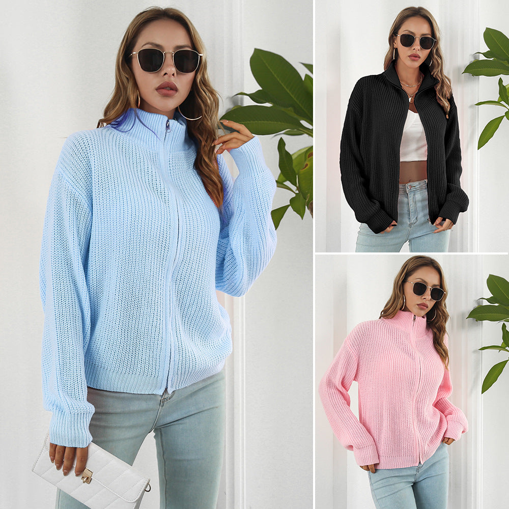 Damen lässiger Strickpulli mit hohem Kragen und Reißverschluss EB