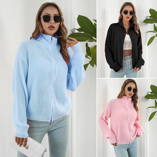 Damen lässiger Strickpulli mit hohem Kragen und Reißverschluss EB