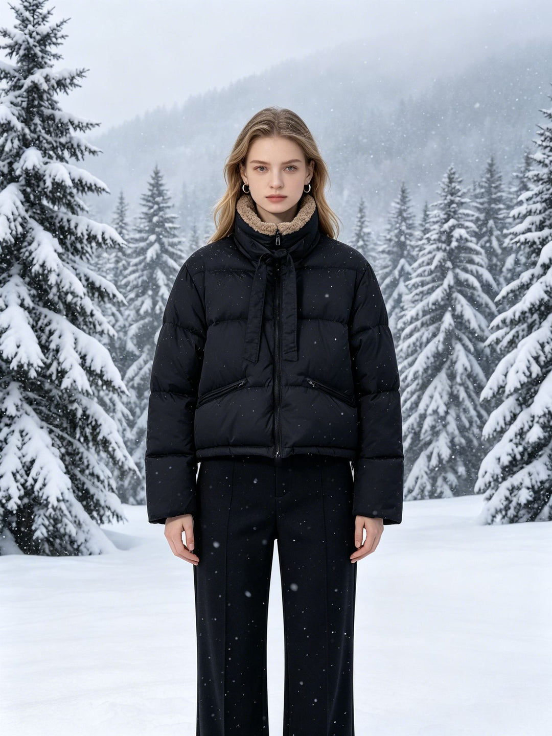 Damen nan cropped wattierte Jacke mit Sherpa-Kragen, hochschließendem Stehkragen und verdecktem Reißverschluss EB