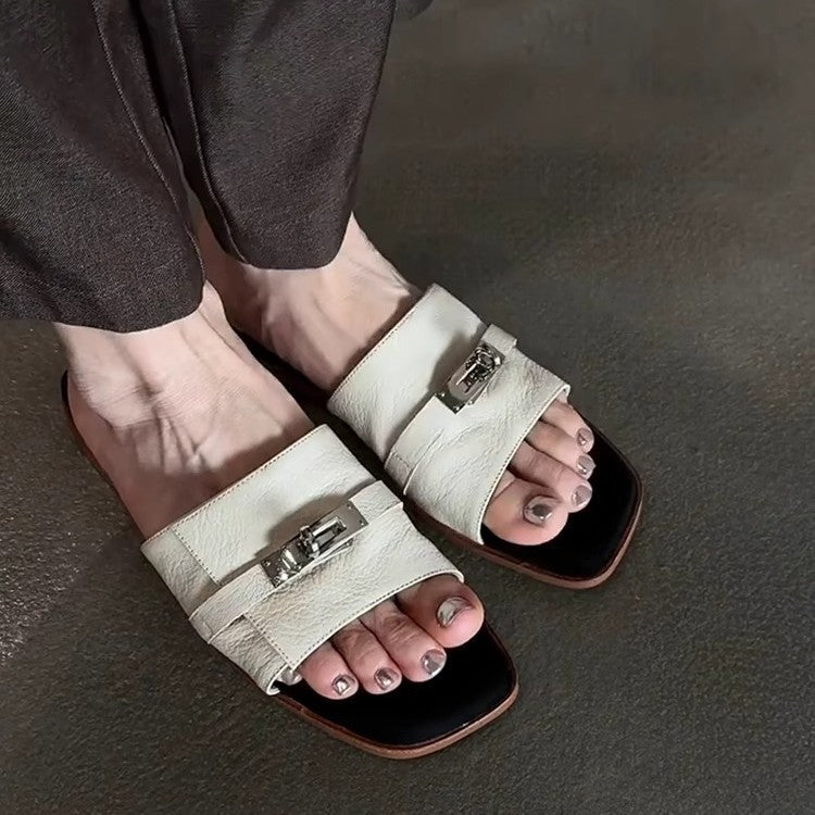 Damen modische Slide-Pantoletten mit elegantem Schnallenakzent und rutschfester Sohle EB