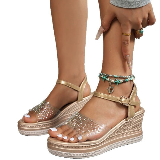 Damen Glamouröse Plateau-Sandalen mit transparenten Riemen und Strass-Applikationen EB