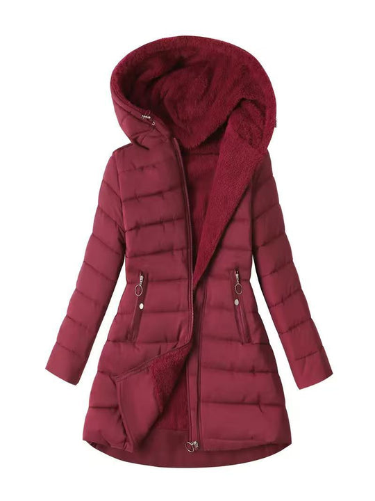 Damen Taillierter Steppmantel mit Oversize-Kapuze, kuscheligem Teddyfutter und Zierringen am Reißverschluss EB