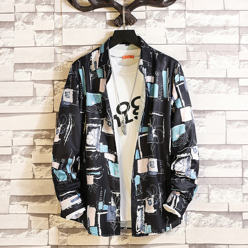 Herren nan langärmliges Hemd mit offenem Reverskragen, kontrastivem Blumenprint und lässiger Regular-Fit Silhouette EB