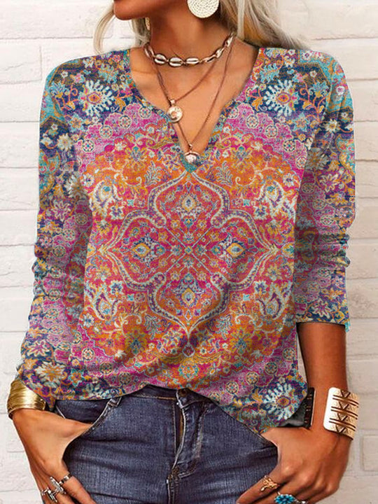Damen Boho-Print V-Ausschnitt Tunika-Shirt EB