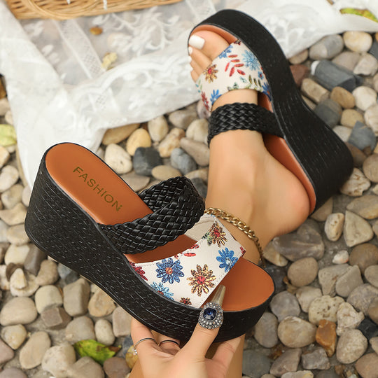 Damen Wedge-Pantoletten mit floralen Akzenten und geflochtenem Obermaterial EB