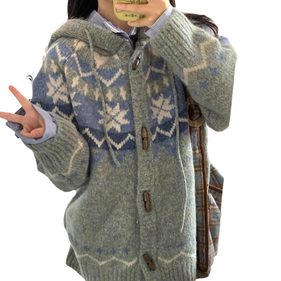 Damen kuschelige Strickjacke mit hohem Kragen und Ornamenten EB