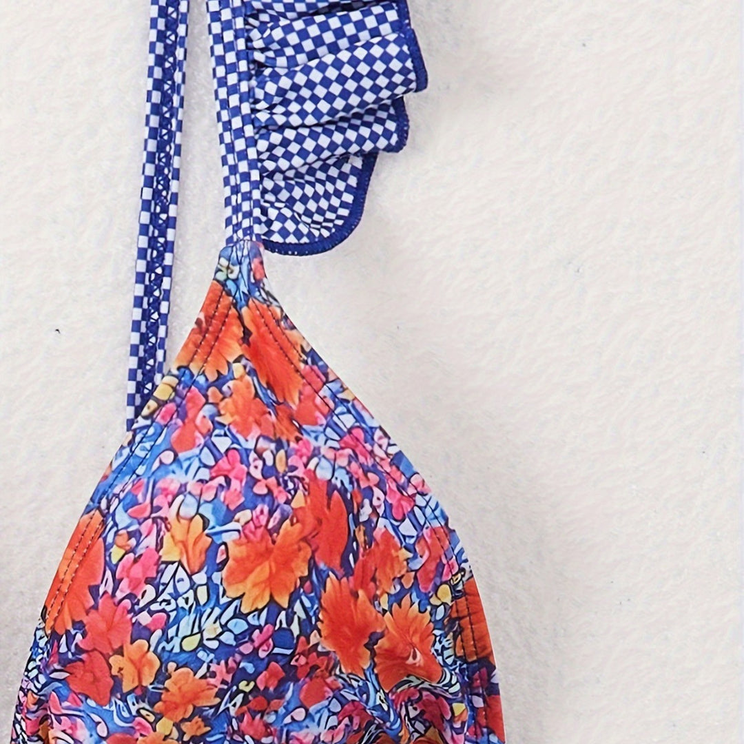 Damen Triangel-Bikini mit verspielten Rüschendetails und floralem Muster EB