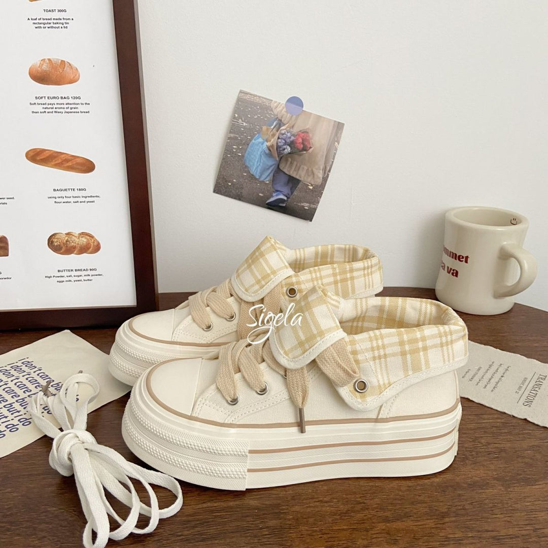 Damen Plateau Sneakers mit modischem Karomuster und elastischen Schnürsenkeln EB