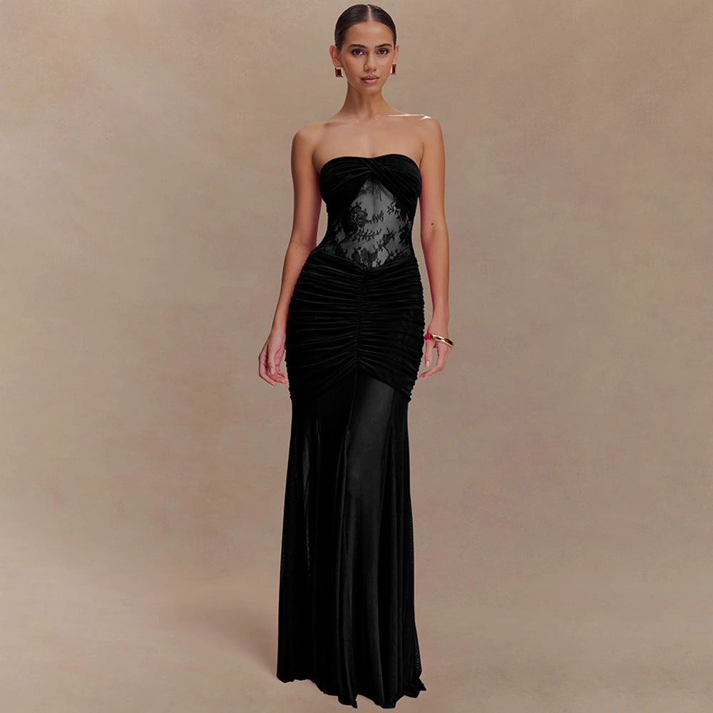 Damen Elegantes Maxikleid mit raffiniertem Spitzen-Einsatz und Raffung EB