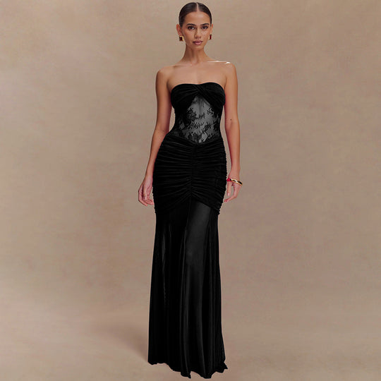 Damen Glamouröses Abendkleid mit Spitzenakzenten und figurbetonter Raffung EB