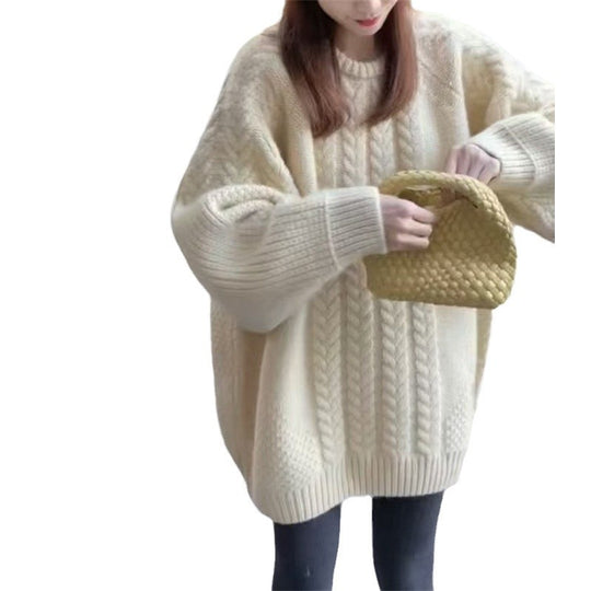 Damen Grobstrickpullover mit modischem Zopfmuster und überschnittenen Schultern EB