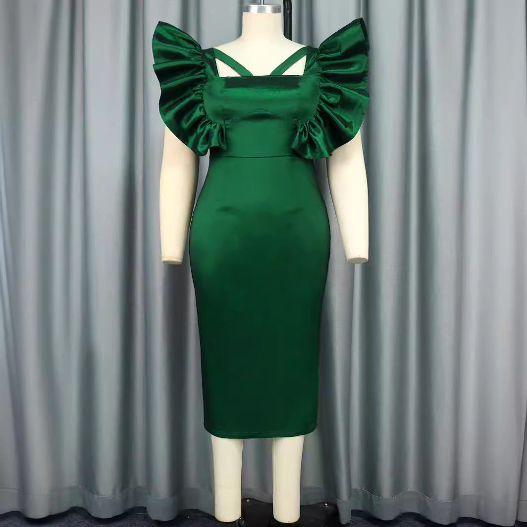 Damen Elegantes Maxikleid mit voluminösen Rüschenärmeln EB