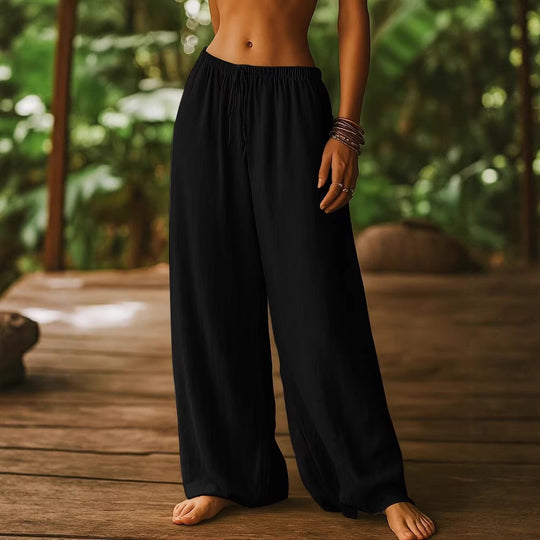 Damen Weit geschnittene Sommer-Hose mit elastischem Bund und Kordelzug EB