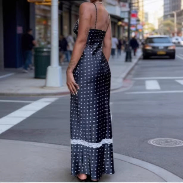 Damen Satin Nachthemd mit Spitzenapplikationen und Polka-Dots EB