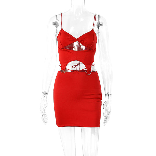 Damen Figurbetontes Cut-Out Kleid mit zarten Trägern und Ringdetails EB