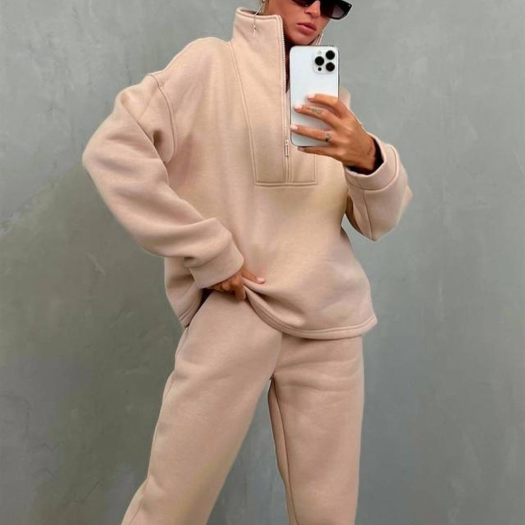 Damen nan weiches Oversize-Halbzip-Loungewear-Set mit hohem Stehkragen und taillierter Jogginghose EB