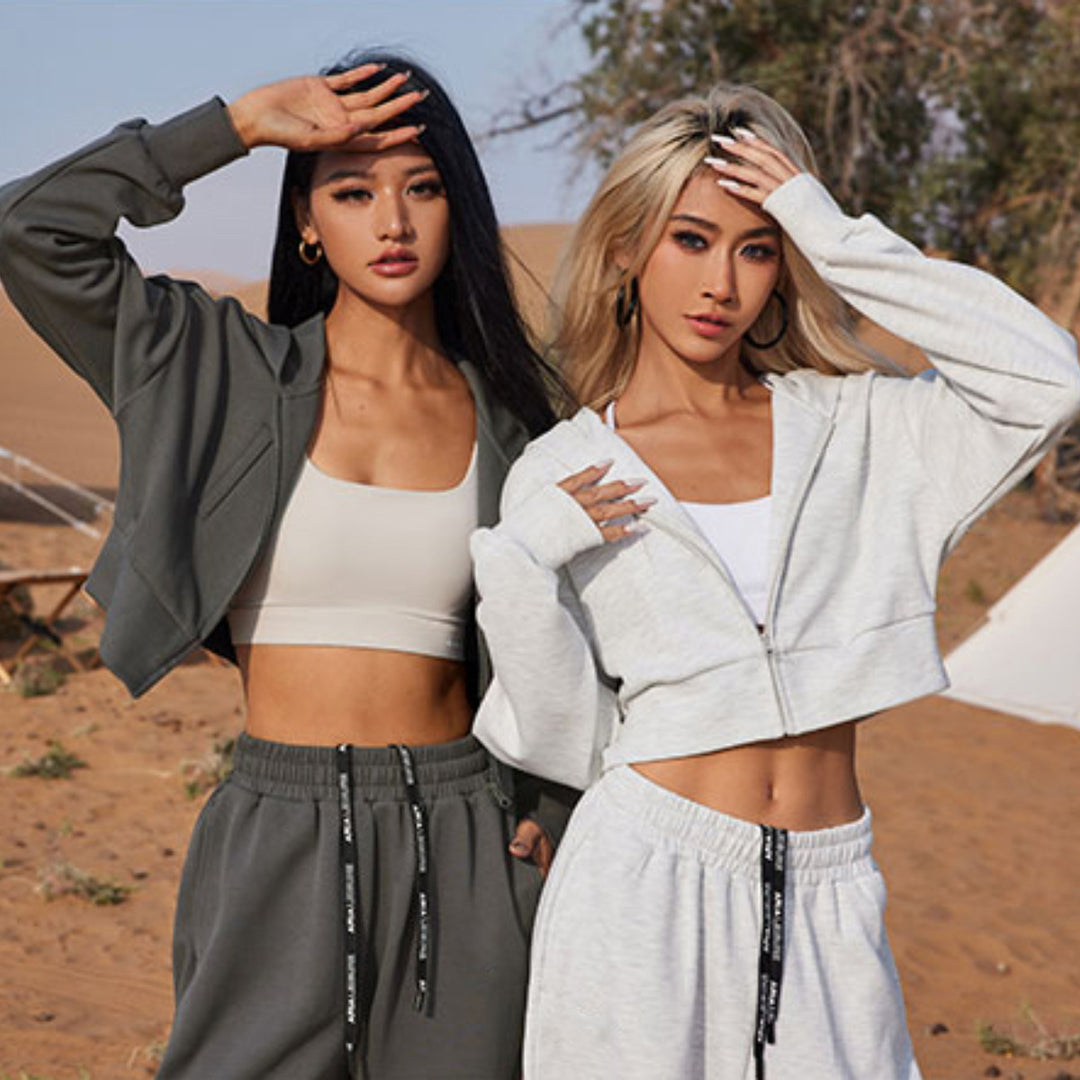 Damen Zweiteiliges Cropped Reißverschluss-Hoodie mit elastischer High-Waist Jogginghose EB