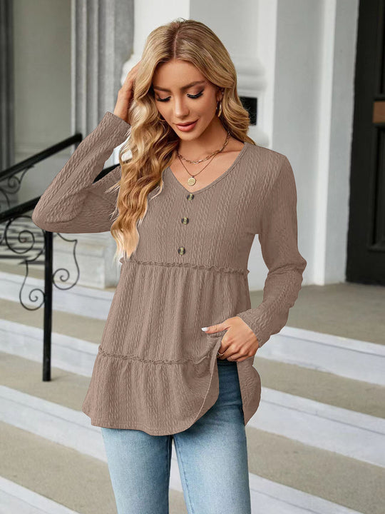 Damen Langarm Tunika mit Knopfdetail und Volant EB