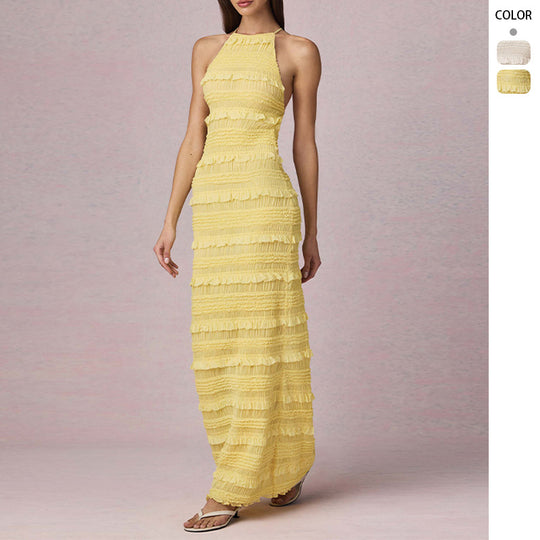 Damen Maxi-Kleid mit fransendem Design und elegantem Halterneck EB