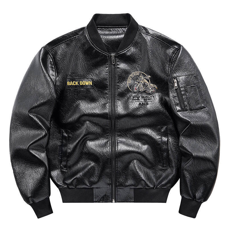 Men's  motorcycle graphic faux-leather varsity bomber with embroidered back panel and sleeve utility pocket EB