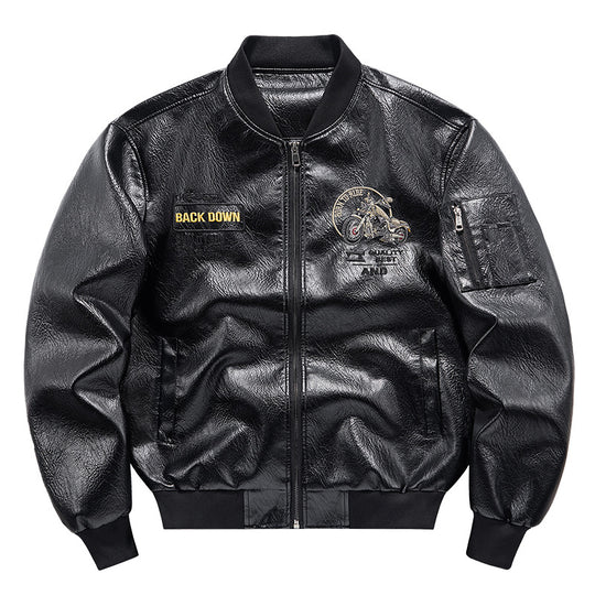 Men's  motorcycle graphic faux-leather varsity bomber with embroidered back panel and sleeve utility pocket EB