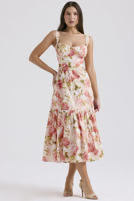 Damen Maxikleid mit floralem Print und voluminösem Rock EB