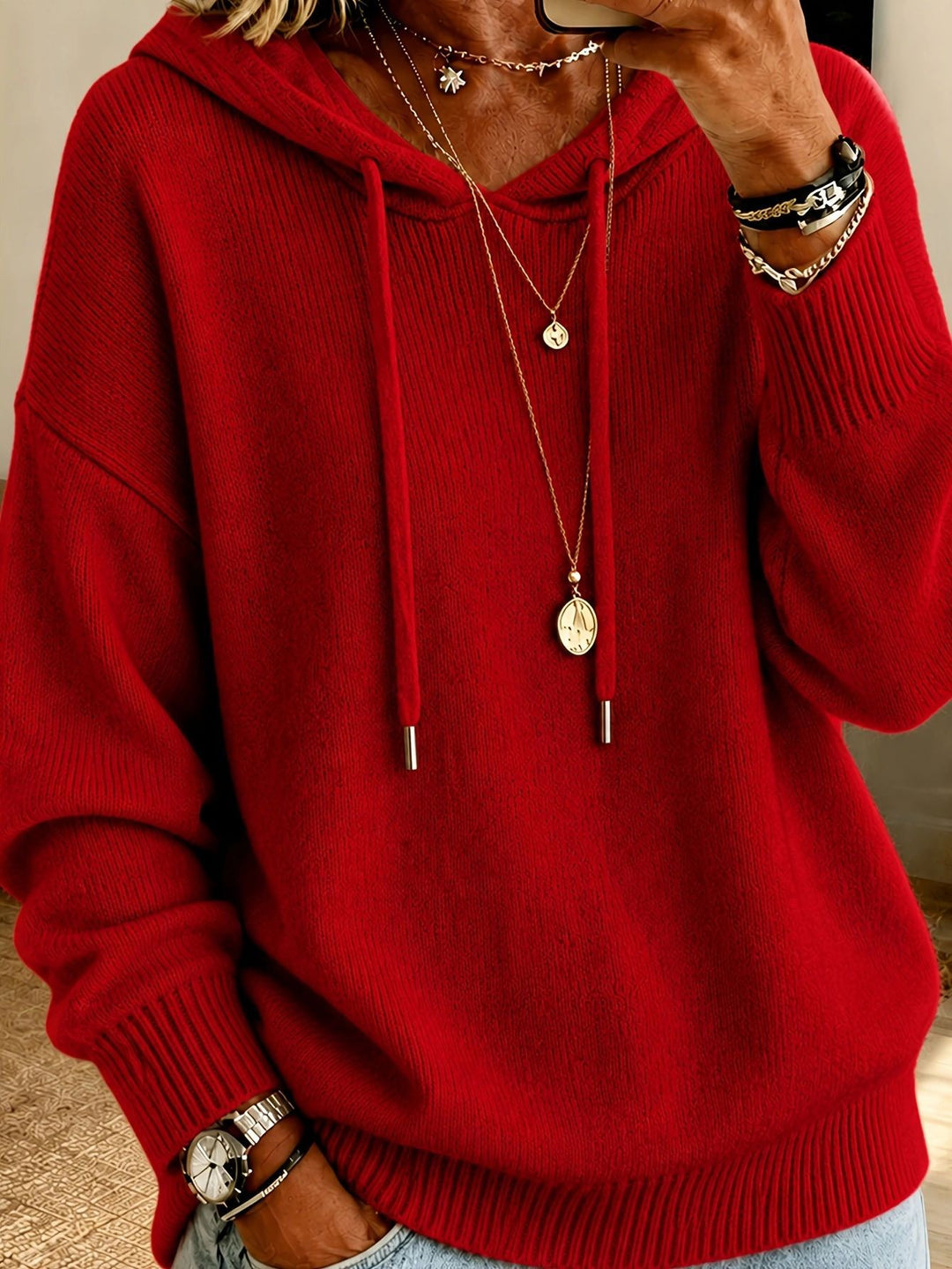 Damen Oversize Kapuzenpullover aus feinem Strick mit Kordelzug und gerippten Bündchen EB