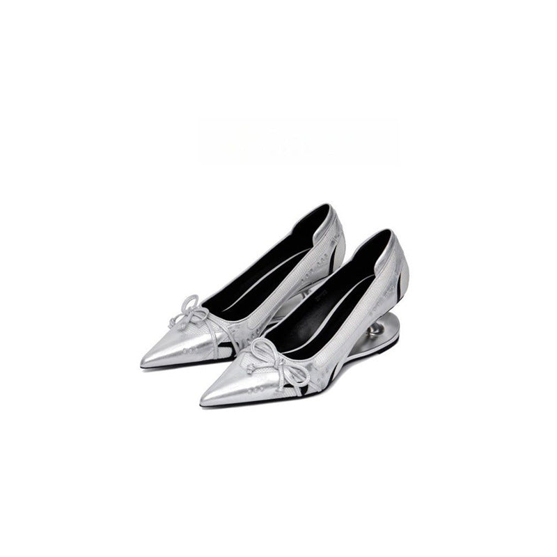 Damen elegante High Heel Ballerinas mit glänzender Oberfläche und Rüschendetail EB