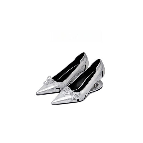 Damen elegante High Heel Ballerinas mit glänzender Oberfläche und Rüschendetail EB