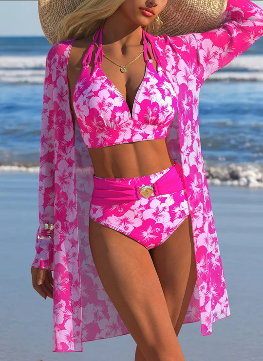 Damen Bikini-Set mit kreativem geometrischen Design und hohem Bund EB