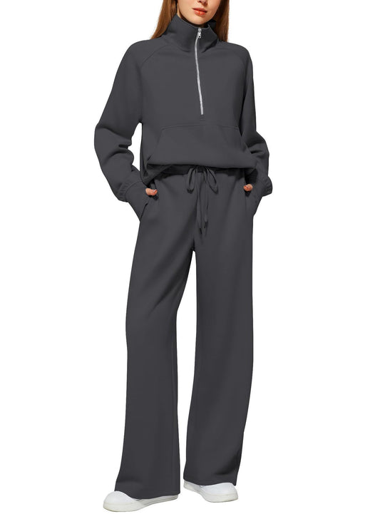 Damen nan halbzip Lounge-Set mit hohem Stehkragen, Kängurutasche und weiten Highwaist-Jogginghose EB