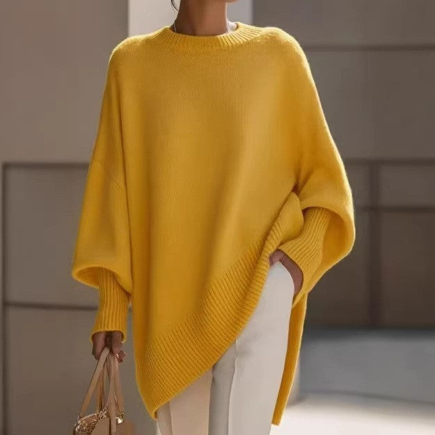 Damen nan Oversize Strickponcho mit asymmetrischem Saum und gerippten Ärmeln EB