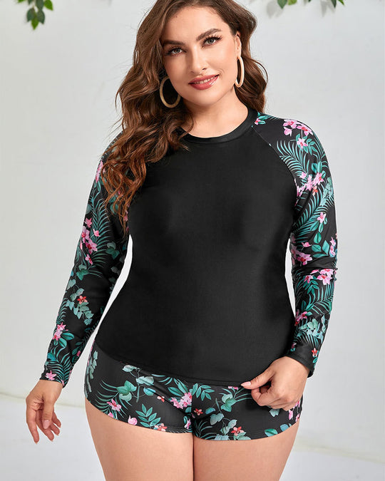 Damen Sportliches Badeoberteil mit langen Ärmeln und floralem Muster EB