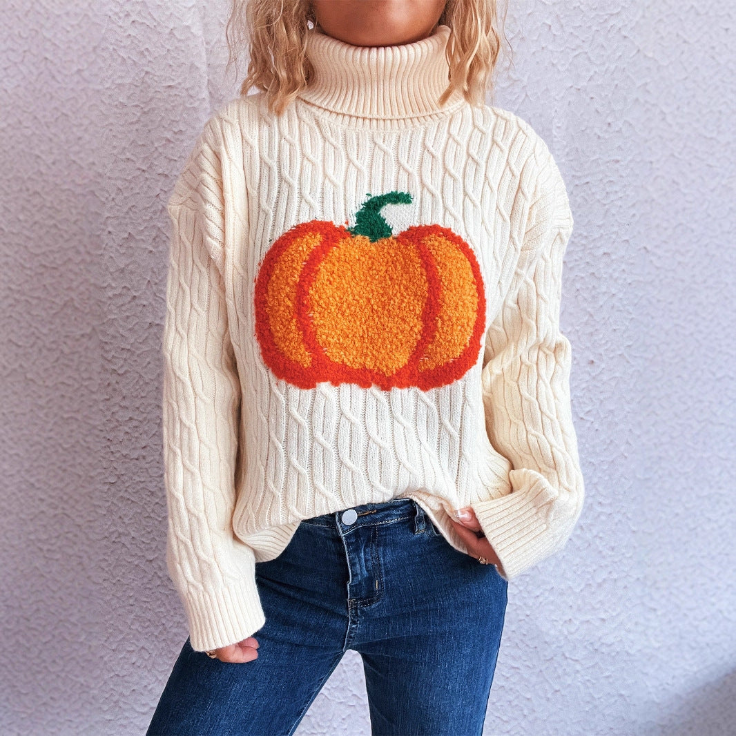 Damen Strickpullover mit Rollkragen und fröhlichem Kürbisdesign EB