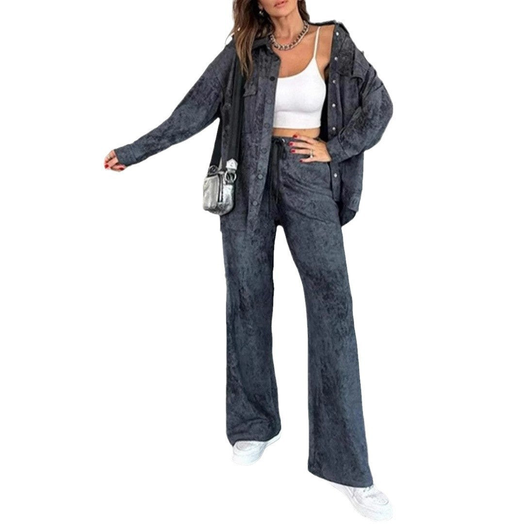 Damen Lässiges Blusen- und Hosen-Set aus weichem Material mit besonderen Texturen EB