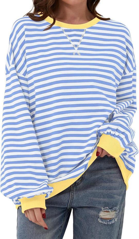 Damen lässiger Oversized Sweatshirt mit bunten Streifen und Kapuzenkordel EB