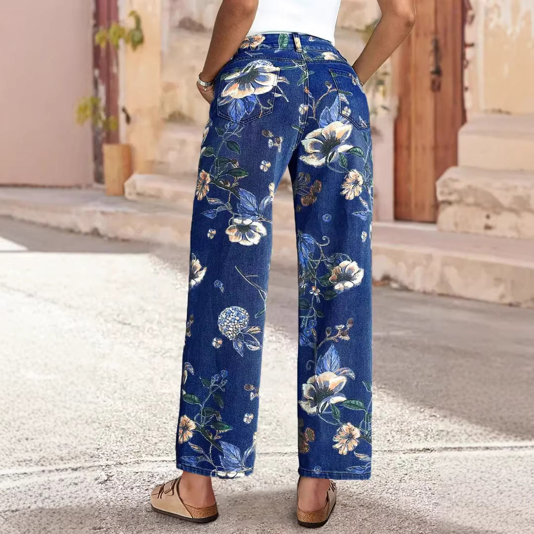 Damen Weit geschnittene Jeans mit floralem Druck und hohem Bund EB