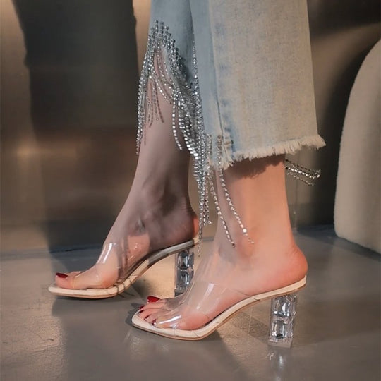 Damen elegante transparente Mules mit glitzerndem Blockabsatz EB