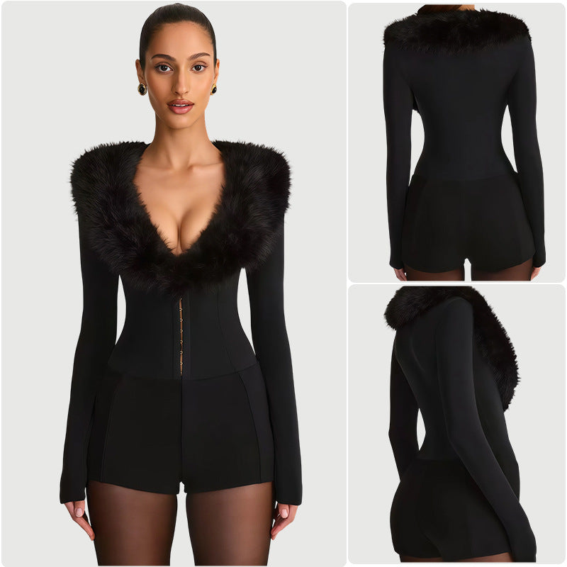 Damen Jumpsuit mit königlichem Fellkragen und figurbetontem Schnitt EB