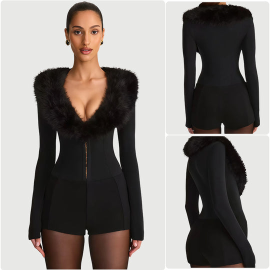 Damen Jumpsuit mit königlichem Fellkragen und figurbetontem Schnitt EB
