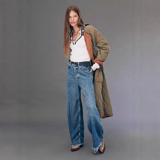 Damen nan extraweite High‑Waist Palazzo-Jeans aus Denim mit rohem Saum und Vintage-Waschung EB